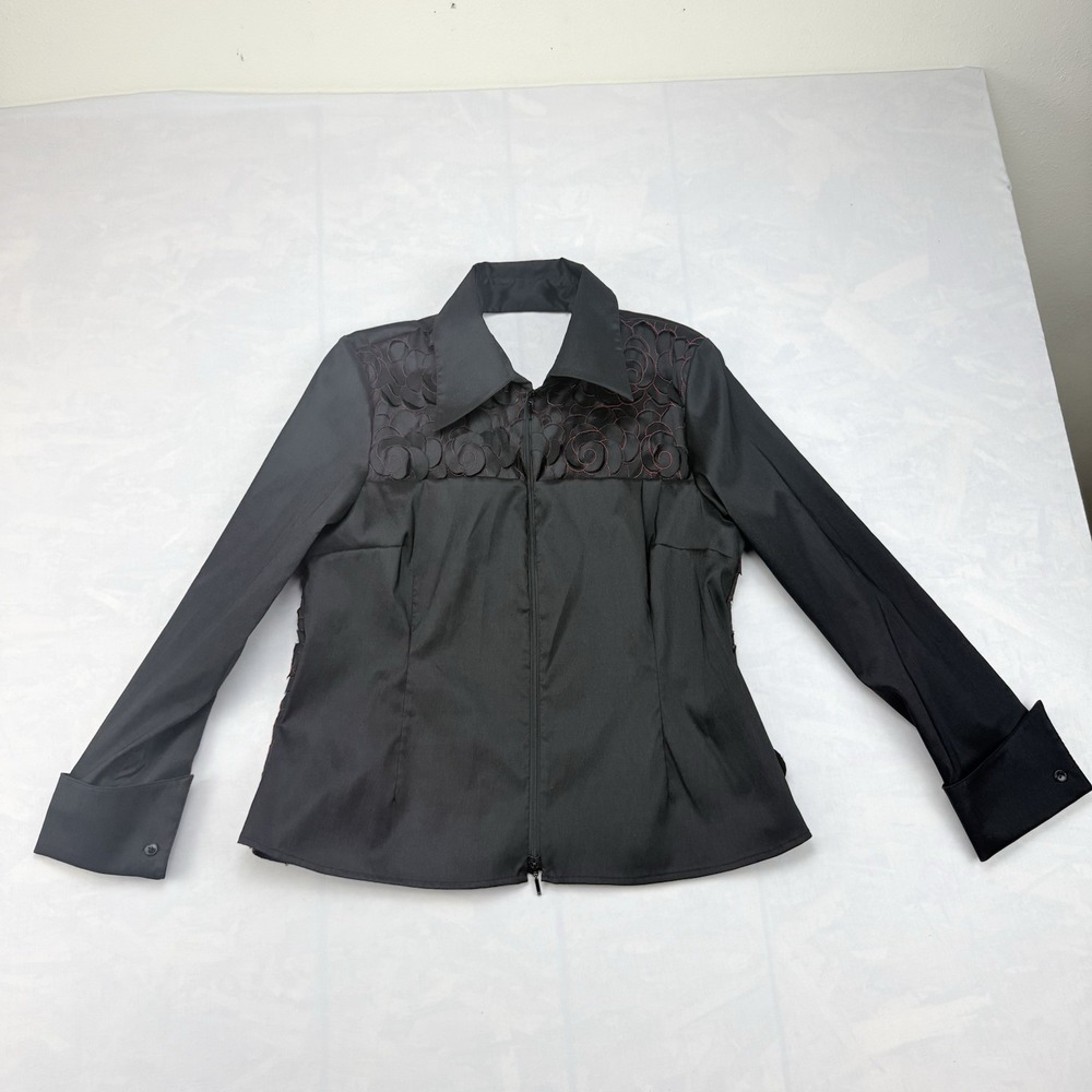 Samuel Dong Women's Black Zip Up Blouse Jacket Floral Embroidery XL